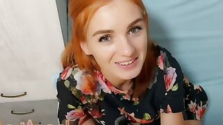 In her freshman year at college, an 18 y/o petite redhead gives a pov blowjob to her step-bro in their shared dorm, leading to a beautiful cumshot